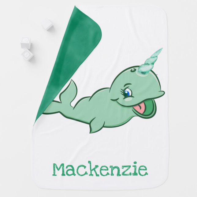 Narwhal Green | Cute Mint Chibi Cartoon Customized Baby Blanket (In Situ)