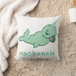 Narwhal Green   Cute Mint Chibi Cartoon Customized Throw Pillow