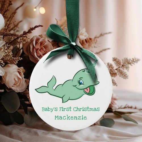 Narwhal Green  Cute Mint Chibi Cartoon Keepsake Ceramic Ornament