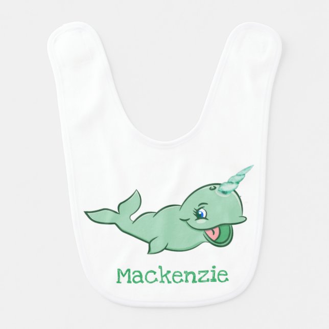 Narwhal Green | Cute Mint Chibi Cartoon Sea Life Baby Bib (Front)