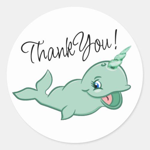 Narwhal Green  Cute Mint Chibi Cartoon Sea Life Classic Round Sticker