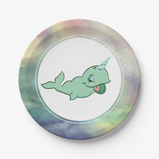 Narwhal Green | Cute Mint Chibi Cartoon Sea Party Paper Plates (Front)