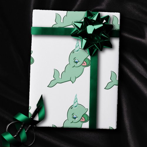 Narwhal Green  Cute Mint Chibi Cartoon Sea Party Wrapping Paper