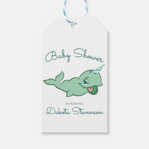 Narwhal Green  Cute Mint Chibi Cartoon Shower Gift Tags