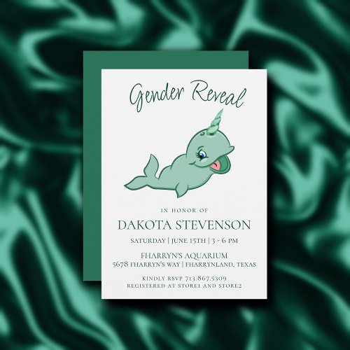 Narwhal Green  Cute Mint Chibi Cartoon Shower Invitation