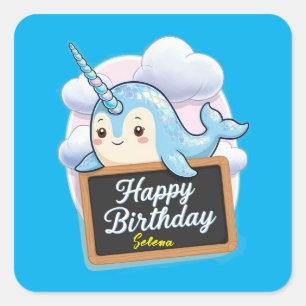 Narwhal holding happy birthday chalkboard square sticker