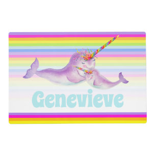 Narwhal hug rainbow name aqua laminated placemat