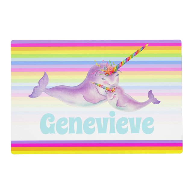 Narwhal hug rainbow name aqua laminated placemat (Front)
