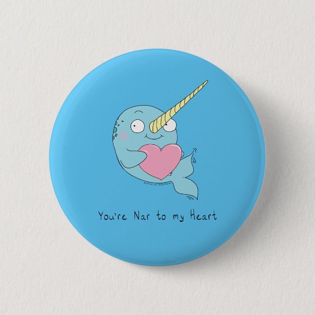 Narwhal Hugging Heart Valentine’s Day Button Pin (Front)