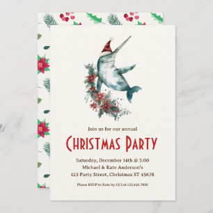 Narwhal in a Santa Hat Poinsettias Christmas Party Invitation