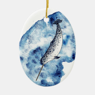 Narwhal in  a splash of watercolour ceramic ornament