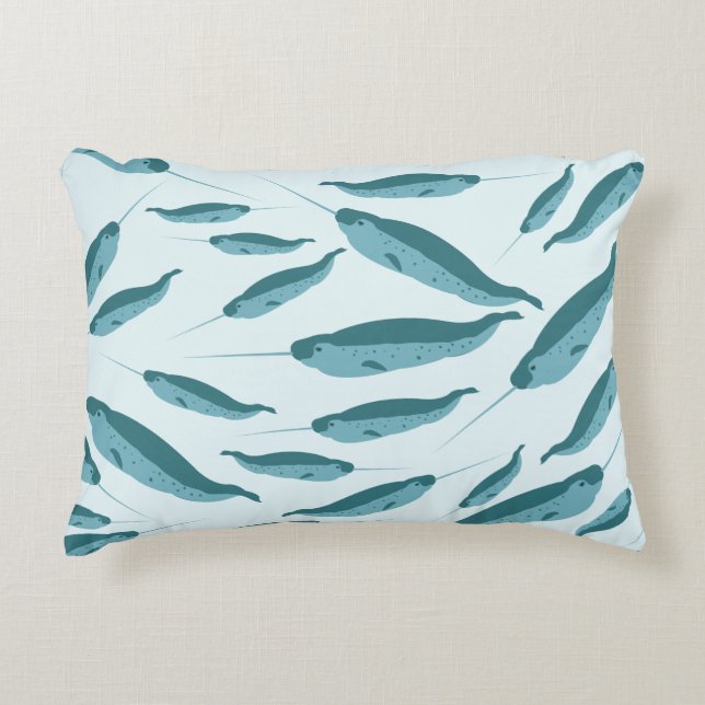 Narwhal in Blue Ocean Pattern Accent Pillow (Front)
