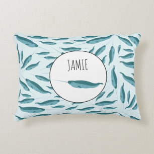 Narwhal in Blue Ocean Pattern Accent Pillow