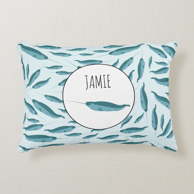 Narwhal in Blue Ocean Pattern Accent Pillow (Front)
