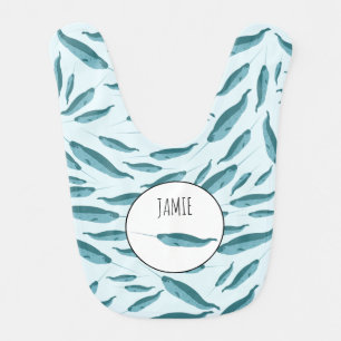 Narwhal in Blue Ocean Pattern Baby Bib