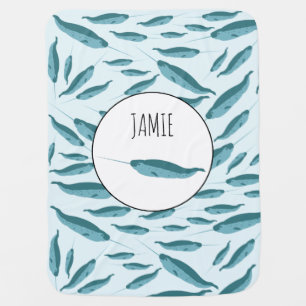 Narwhal in Blue Ocean Pattern Baby Blanket
