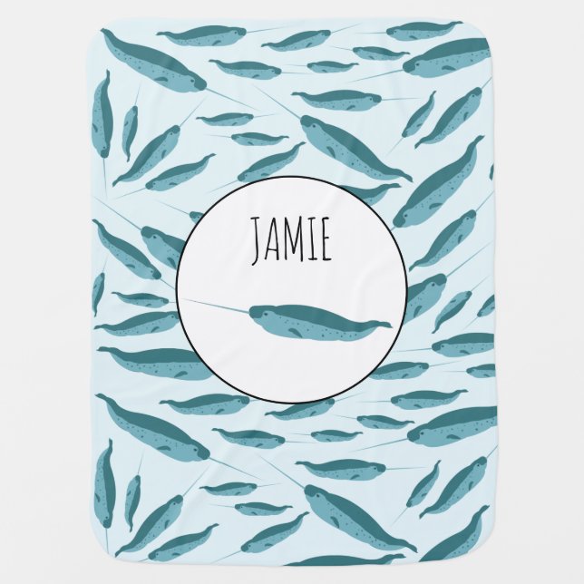 Narwhal in Blue Ocean Pattern Baby Blanket (Front)