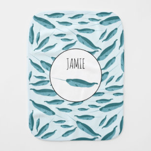 Narwhal in Blue Ocean Pattern Baby Burp Cloth