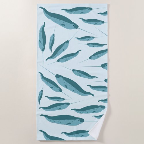 Narwhal in Blue Ocean Pattern Beach Towel