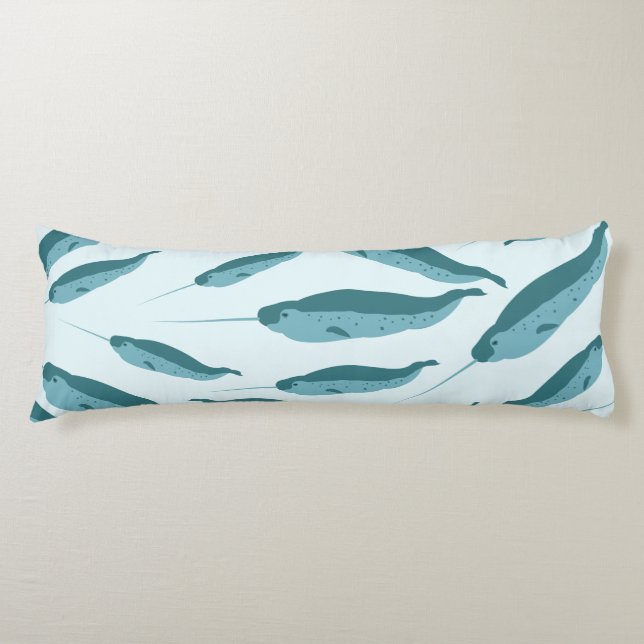 Narwhal in Blue Ocean Pattern Body Pillow (Front)