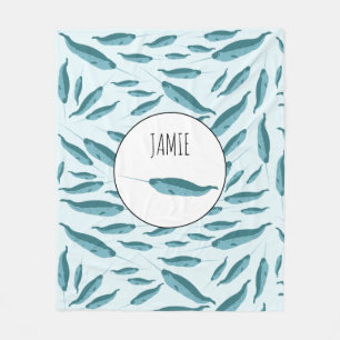 Narwhal in Blue Ocean Pattern Fleece Blanket