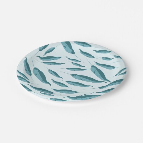 Narwhal in Blue Ocean Pattern Paper Plates