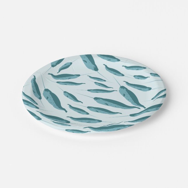 Narwhal in Blue Ocean Pattern Paper Plates (Angled)