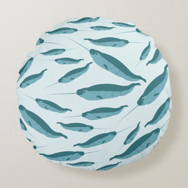 Narwhal in Blue Ocean Pattern Round Pillow (Front)