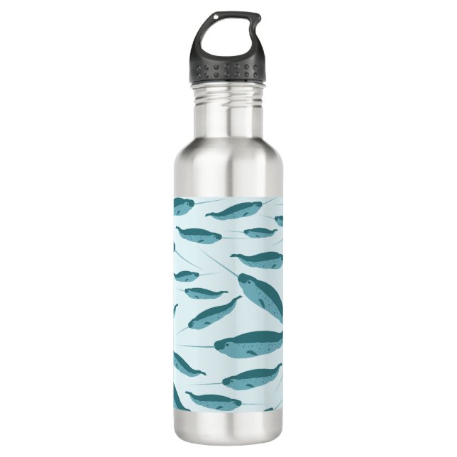 Narwhal in Blue Ocean Pattern Stainless Steel Water Bottle (Front)