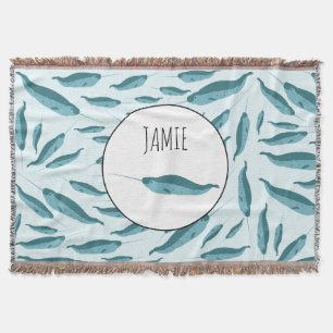 Narwhal in Blue Ocean Pattern Throw Blanket