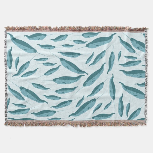 Narwhal in Blue Ocean Pattern Throw Blanket (Front)
