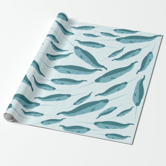 Narwhal in Blue Ocean Pattern Wrapping Paper (Unrolled)