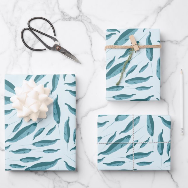 Narwhal in Blue Ocean Pattern Wrapping Paper Sheets (Front)
