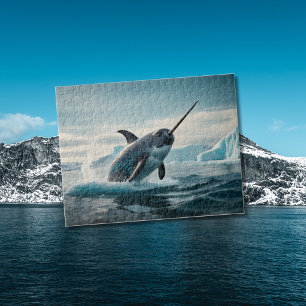 Narwhal jumping out of arctic water jigsaw puzzle