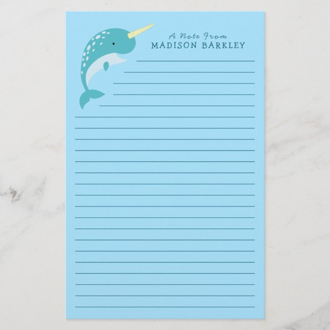 Narwhal Kid's Cute Whale Stationery (Front)