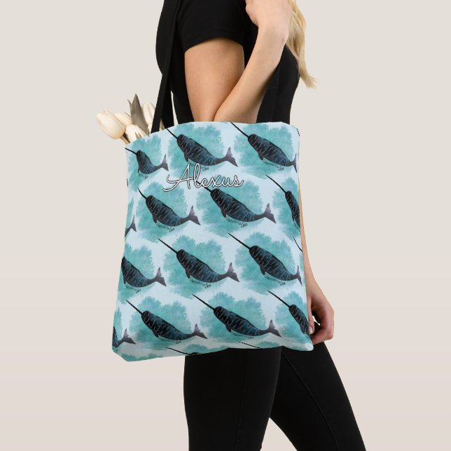 Narwhal Love | Watercolor Turquoise Hearts Tote Bag (Close Up)