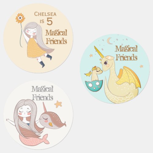 Narwhal Mermaid Dragon Friends Pastel Personalized Labels
