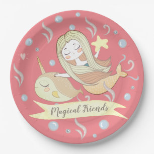 Narwhal Mermaid Starfish Whimsical Pink Fantasy Paper Plates