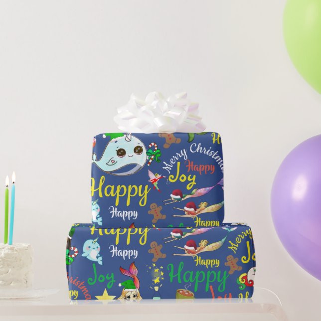Narwhal, Mermaid, Unicorn Custom Name(s) Christmas Wrapping Paper (Party Gifts)