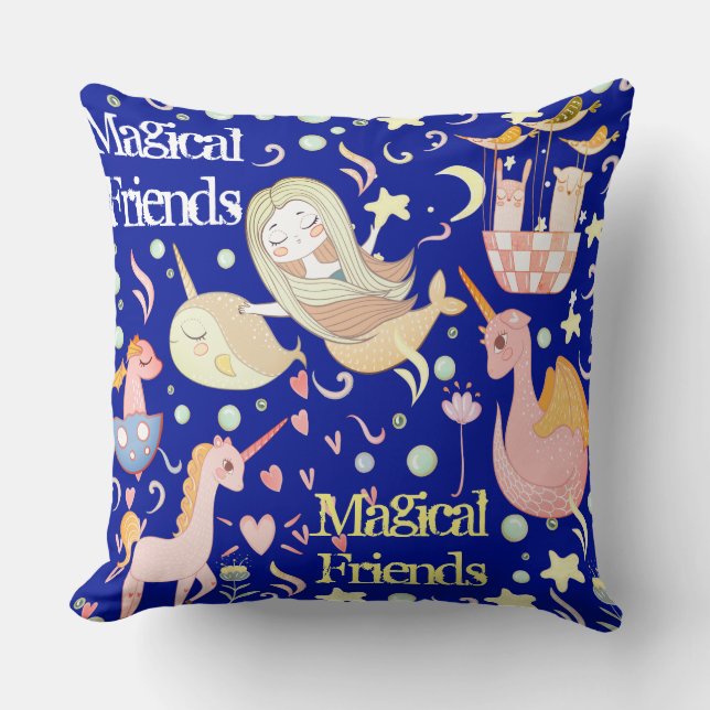Narwhal Mermaid Unicorn Dragon Pastel Personalized Throw Pillow (Front)