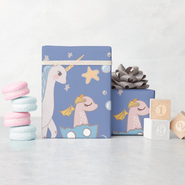 Narwhal Mermaid Unicorn Dragon Pastel Personalized Wrapping Paper (Baby Shower)