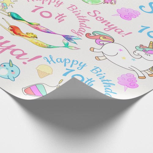 Narwhal Mermaid Unicorn Personalized Name Age Wrapping Paper