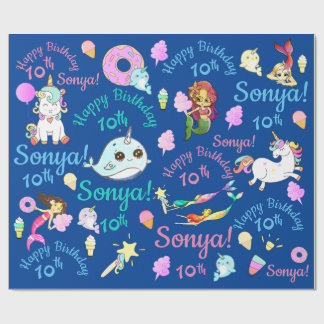 Narwhal, Mermaid, Unicorn Personalized Name, Age Wrapping Paper