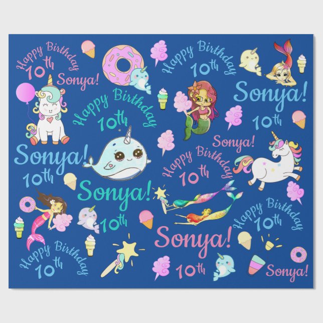 Narwhal, Mermaid, Unicorn Personalized Name, Age Wrapping Paper (Flat)