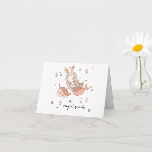 Narwhal n Mermaid with Bunny Ears Magical Friends  Card