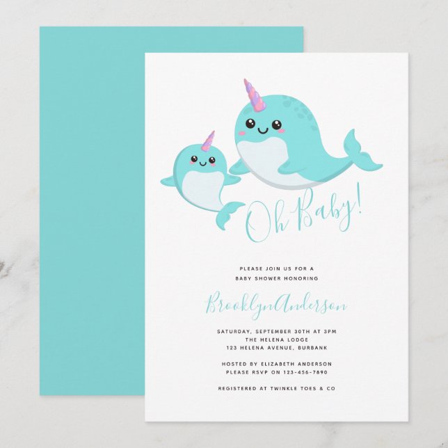 Narwhal Oh Baby Gender Neutral Baby Shower Invitation (Front/Back)