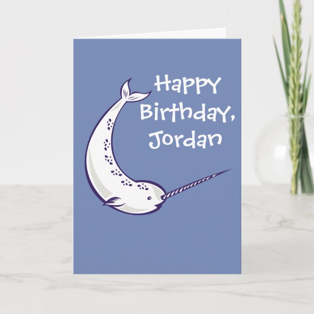 Narwhal Personalized Birthday Card in Blue (Front)