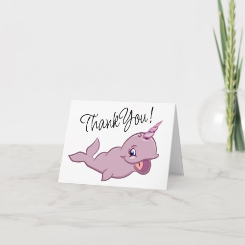 Narwhal Pink  Girly Kawaii Chibi Cartoon Animal Thank You Card
