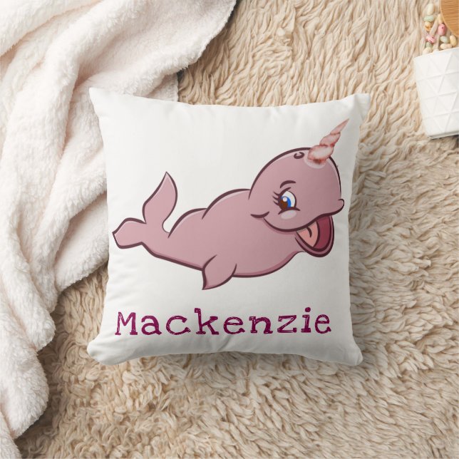 Narwhal Pink | Girly Kawaii Chibi Cartoon Custom Throw Pillow (Blanket)