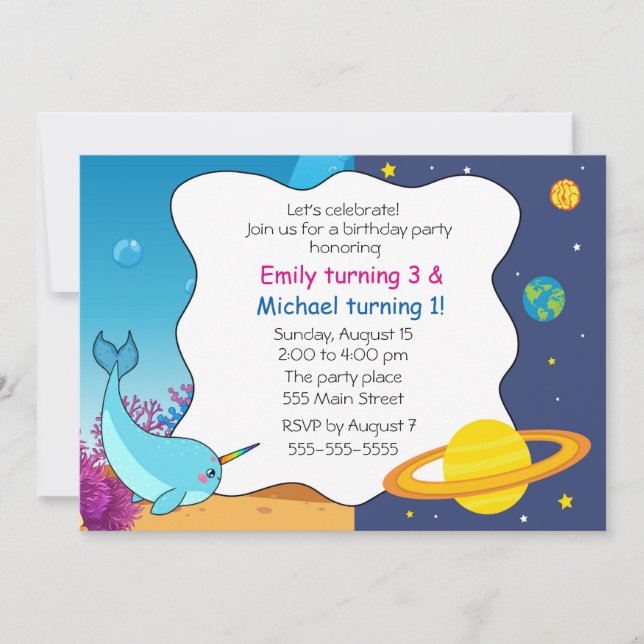 Narwhal planets kids birthday invitation joint (Front)
